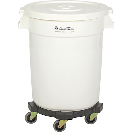 Global Industrial Plastic Trash Can with Lid & Dolly, 20 Gallon White 240458WHB